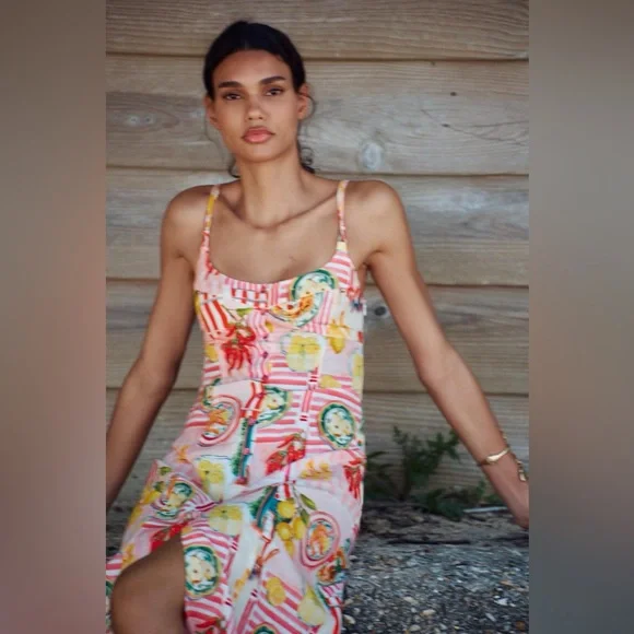 Zara PATCHWORK PRINT LINEN MIDI DRESS - Picture 6 of 9